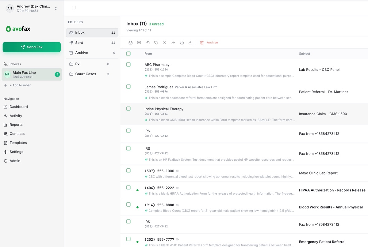 AvoFax inbox with team folders and received fax routing