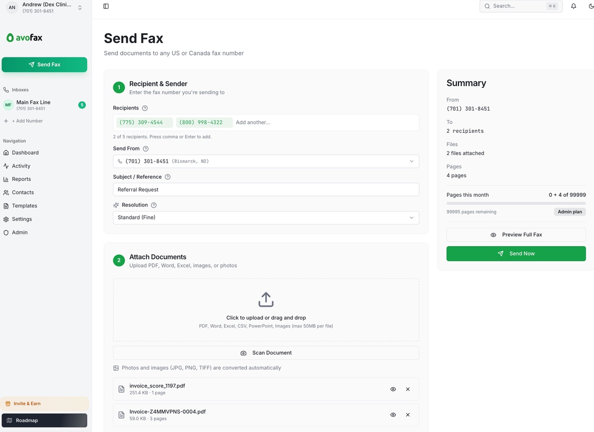 AvoFax send fax workflow with recipients, documents, and delivery settings